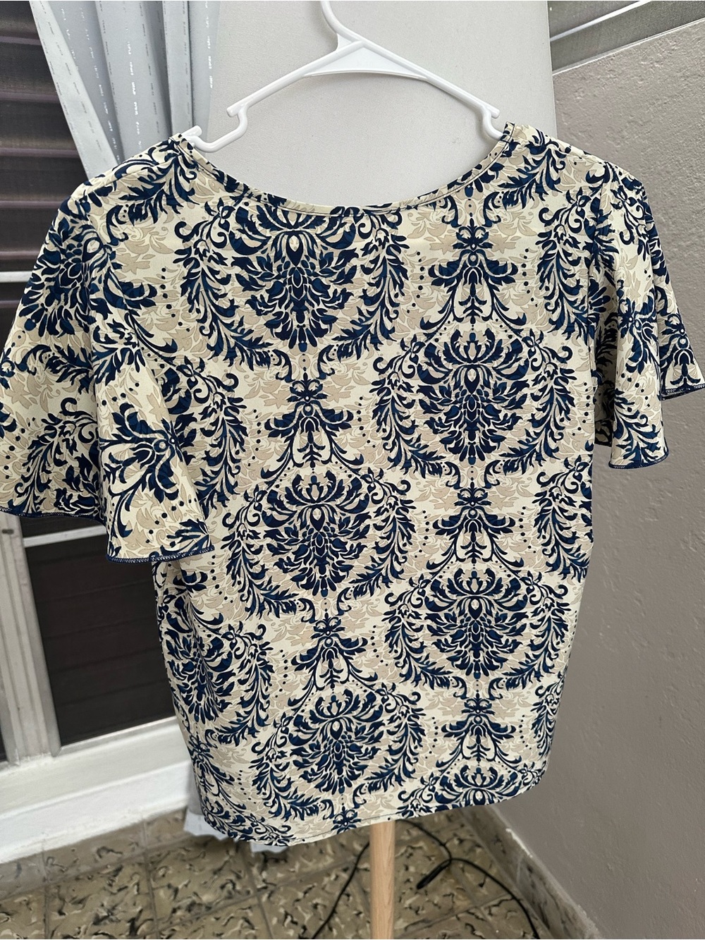 Women's Navy and Cream Patterned Short Sleeve Top